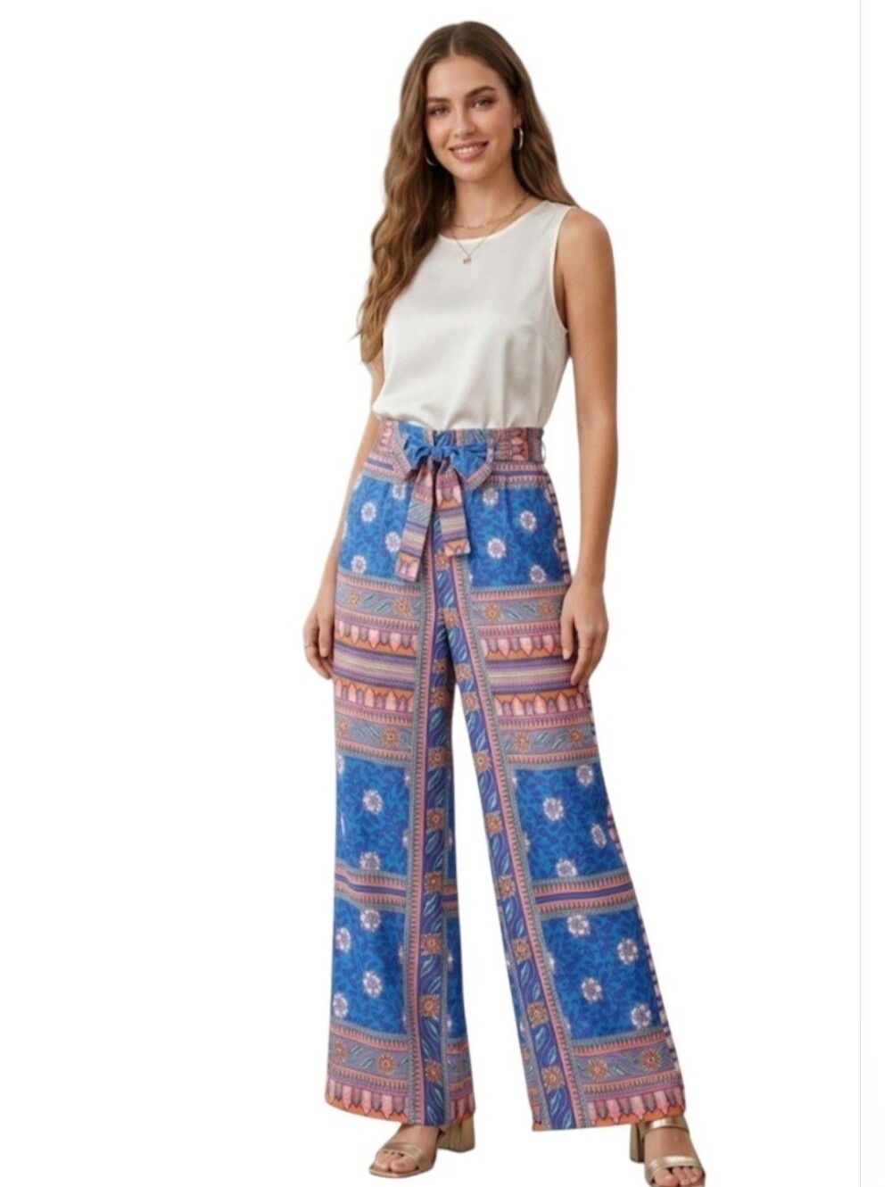​Rachel Zoe Boho Border Print Wide Leg Pants Medium Multicolor Palazzo Belted